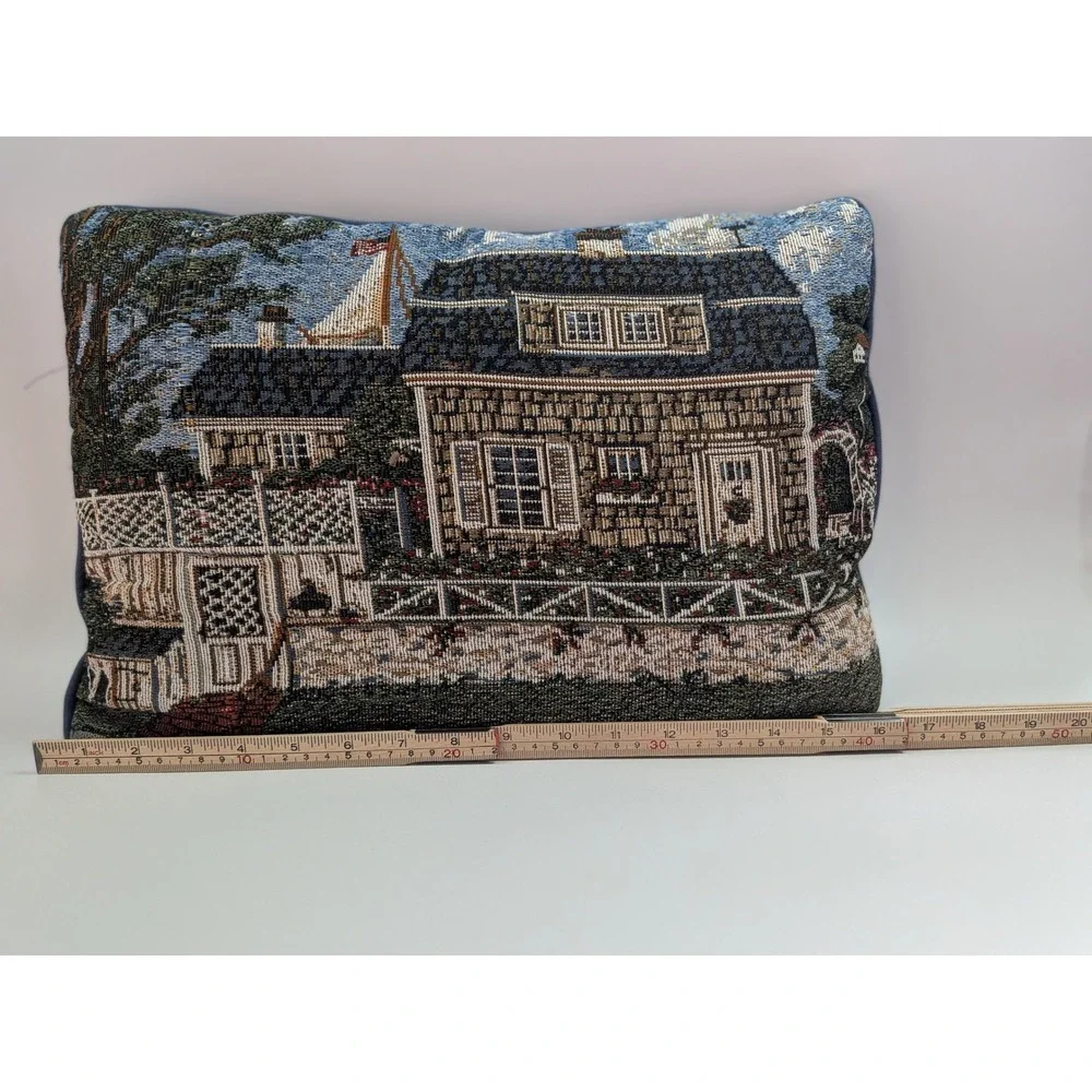 Vintage Coastal Cottage Woven Tapestry Throw Pillow Nautical Sailboat Navy 16x11